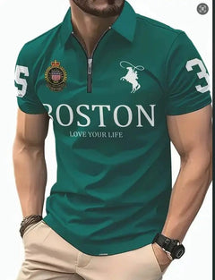 Men's 3D Digital Print Zip-Up Polo Shirt